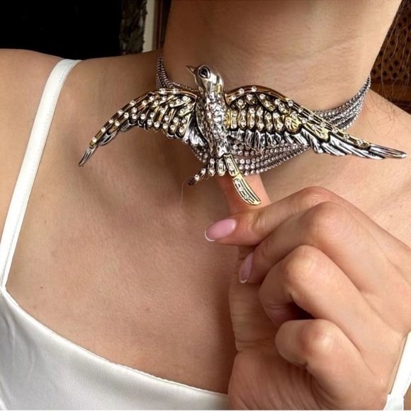 Swallow Crystal Bird Silver Choker Necklace - Picture 7 of 7